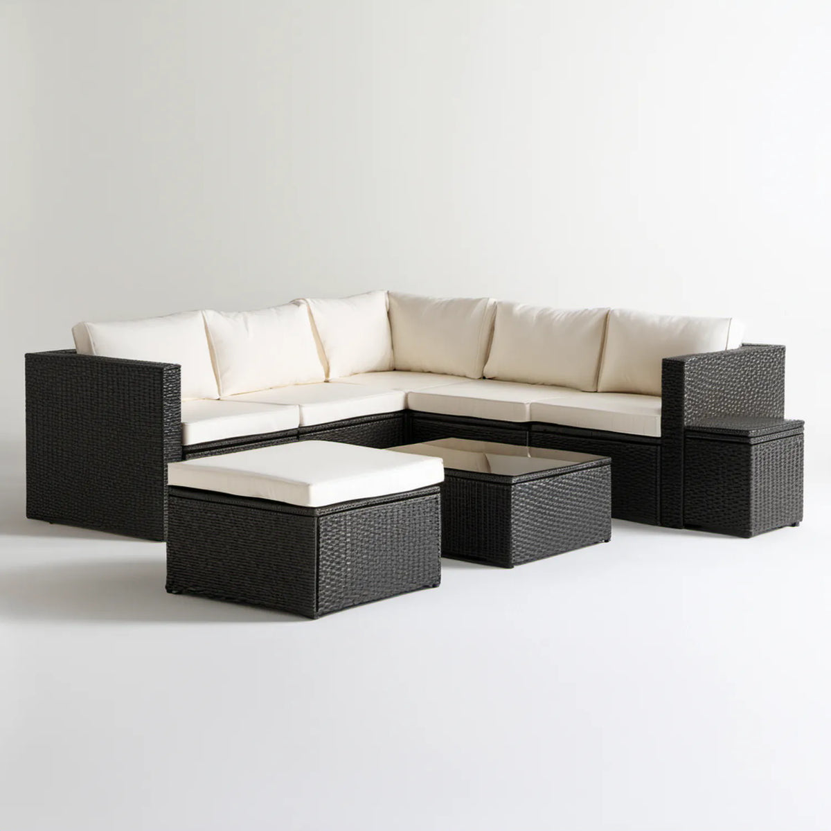 Narożny zestaw wypoczynkowy z technorattanu PE, czarno-kremowy, sofa 210 × 210 × 70 cm