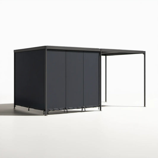 Prostokątna pergola ogrodowa antracytowa 400 x 300 x 230 cm z aluminiowym zadaszeniem i zasłonami