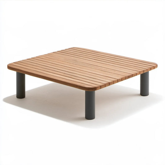 Kwadratowy stolik ogrodowy z drewna tekowego i aluminium 100 x 100 x 40 cm, naturalny brąz/antracyt
