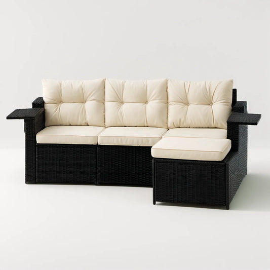 Sofa ogrodowa 3-osobowa z pufą, półkami bocznymi i poduszkami, czarna/ecru, 230 x 75 x 70 cm