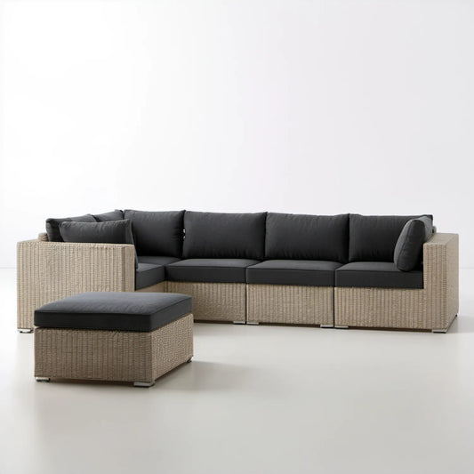 Modułowy zestaw wypoczynkowy z pufą z technorattanu, beżowo-czarny, 230 x 75 x 65 cm