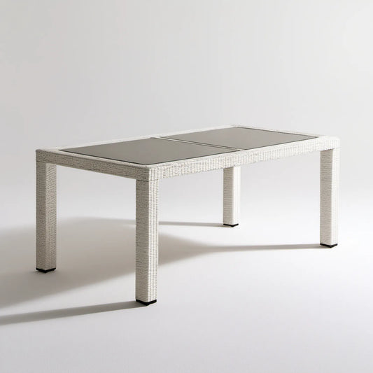 Prostokątny stół ogrodowy z technorattanu PE i szkła hartowanego 150 x 90 x 75 cm Biały/Ciemnoszary/Czarny