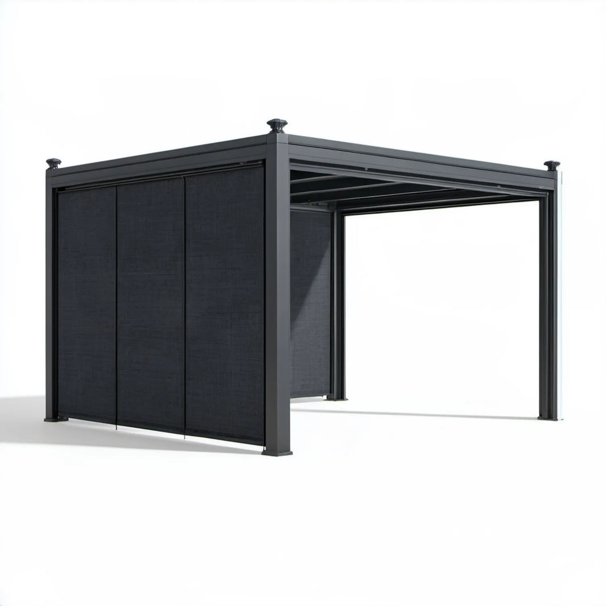 Antracytowa pergola ogrodowa 300 x 300 x 230 cm z regulowanym dachem lamelowym i roletami bocznymi