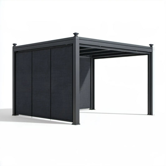Antracytowa pergola ogrodowa 300 x 300 x 230 cm z regulowanym dachem lamelowym i roletami bocznymi