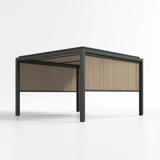 Pergola ogrodowa antracytowa z beżowymi roletami bocznymi i regulowanym dachem lamelowym 300 x 300 x 230 cm