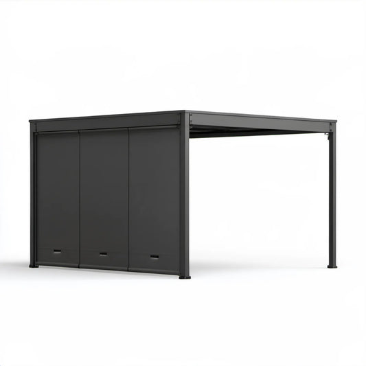 Aluminiowa pergola ogrodowa grafitowa z regulowanym dachem i 3 roletami bocznymi 400 x 300 x 220 cm