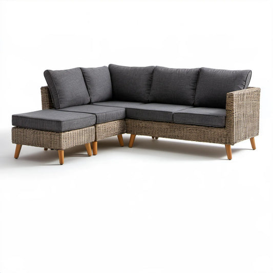 Narożnik ogrodowy z technorattanu PE 220 x 150 x 80 cm, beżowo-ciemnoszary z brązowymi nogami